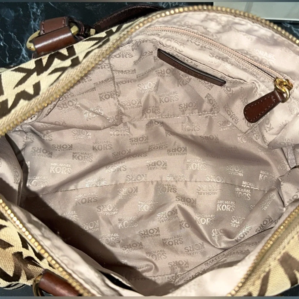 Michael Kors Handbag GRAYSON Khaki/Brown Signature Jacquard Authentic - Picture 8 of 10